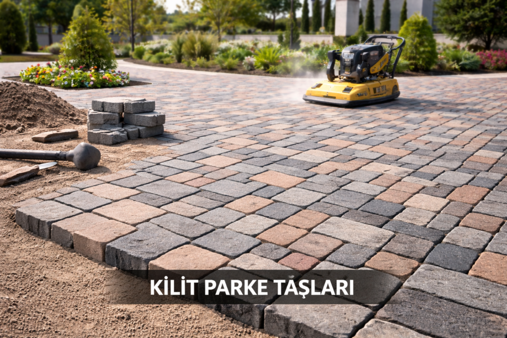 Kilit parke taşları uygulaması dış mekan zemin kaplama dayanıklı parke taşı döşeme